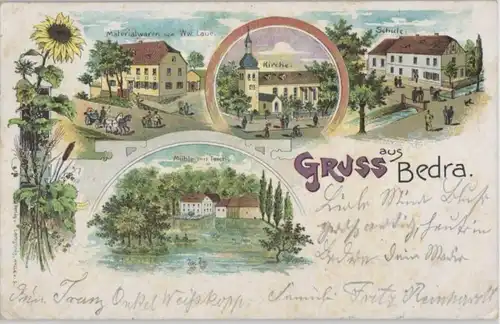 92515 Ak Lithographie Gruss aus Bedra Materialwarenladen, Schule, Kirche 1904