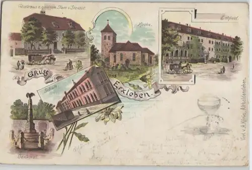 92156 Ak Lithographie Salutation de Erxleben, auberge, école, etc 1898