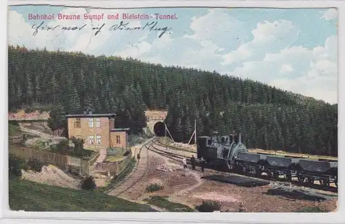 83645 AK Bahnhof Braune Sumpf und Bielstein-Tunnel mit Dampflokomotive 1910