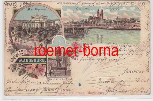 75292 Ak Lithografie Gruss aus Magdeburg Stadt-Theater, Elbe u. Dom 1900