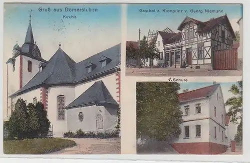 69344 Mehrbild Ak Gruß aus Domersleben Gasthof z. Kronprinz, Schule, Kirche 1917