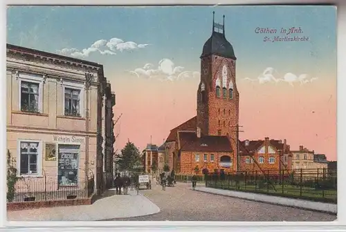 69021 Ak Cöthen Köthen in Anhalt St. Martinskirche und 'Tante Emma' Laden 1918