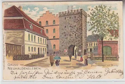 68832 Ak Lithographie Gruß aus Neuhaldensleben Stendalerthor mit Brücke 1901