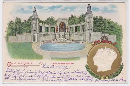 13924 Präge Ak Lithographie Gruß aus Halle Kaiser Wilhelm Denkmal 1901