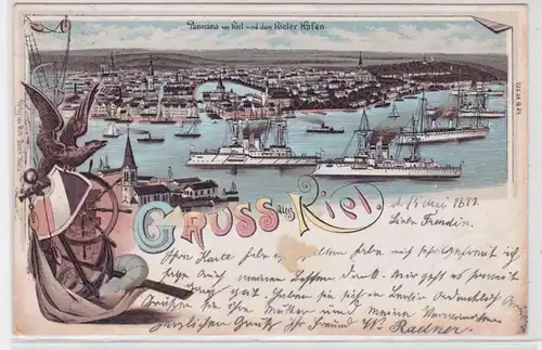 92034 Lithografie AK Gruss aus Kiel - Panorama von Kiel & dem Kieler Hafen 1898