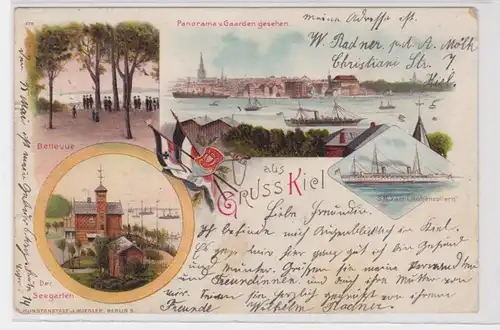 91826 AK Gruss de Kiel Panorama, Bellevue, Seegarten & SMY 'Haut-zollern' 1908