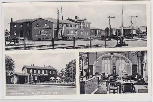 87224 Mehrbild Ak Pönitz Ost Holstein Bahnhof & Waldemanns Hotel um 1940