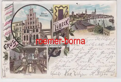 84672 Ak Lithographie Salutation de la société de Schiffer de Lubeck, Port, etc 1898