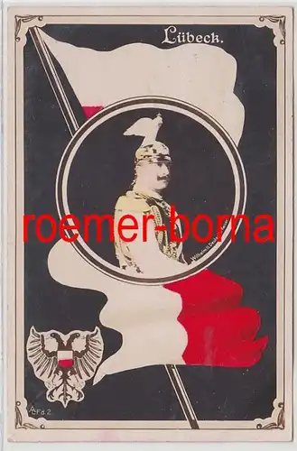 74679 Patriotica Ak Lubeck avec drapeau et image empereur Guillaume II 1907