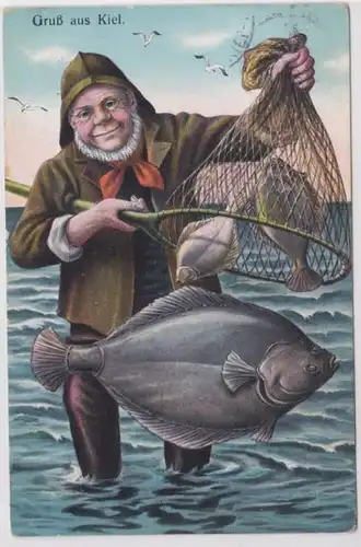 28468 Ak Gruß aus Kiel Fischer im Wasser stehend mit Netz und Fischen 1913
