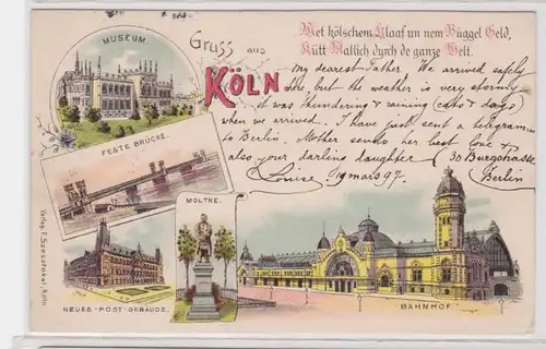 92047 Ak Lithographie Gruss de Cologne Gare ferroviaire, poste, etc 1897