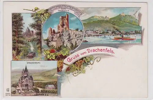 91820 AK Gruss vom Drachenfels - Drachenburg, Ruine Drachenfels & Panorama