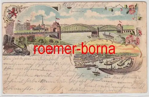 75196 Ak Lithographie Gruss de Düsseldorf Rheinbrücke, Neuer Rheinhafen 1900