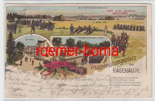 73805 Ak Lithographie Gruss du terrain d'entraînement des troupes à Hagenau dans l'Alsace 1906