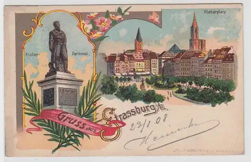 68662 Ak Lithographie Gruß aus Strassburg im Elsass Kleberplatz 1908