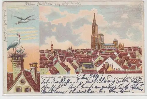 68544 Ak Lithographie Salutation de Strasbourg Vue d'ensemble avec Storchennest 1900