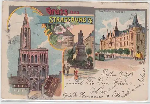 68539 Ak Lithographie Gruß aus Strassburg im Elsass Reichspostgebäude 1904