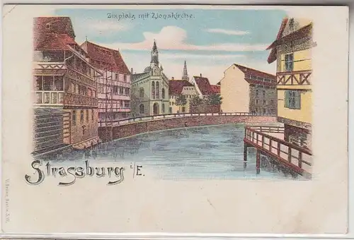 68538 Ak Lithographie Strassburg im Elsass Zixplatz mit Zionskirche um 1900