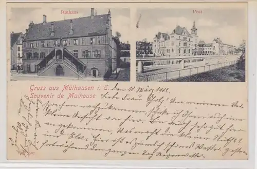 53930 Salutation multi-images Ak de Mulhouse i.E. Hôtel de ville, poste, etc. 1902