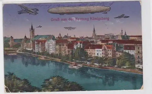 81563 AK Gruß aus der Festung Königsberg - Zeppelin und Flieger am Himmel 1916