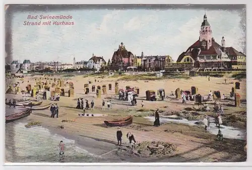 90373 Feldpost Ak Bad Swinemünde Swinoujscie Strand mit Kurhaus 1912