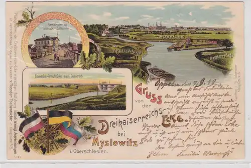 91819 Ak Lithographie Gruß von der Dreikaiserreichsecke bei Myslowitz 1898