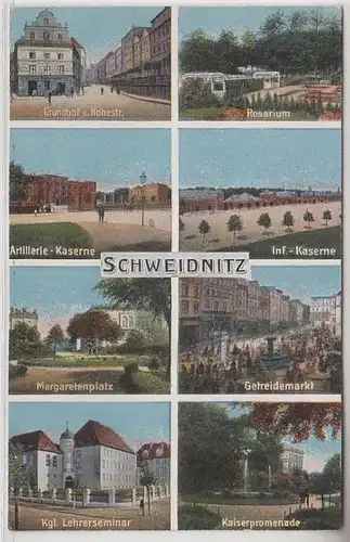 65809 Mehrbild Ak Schweidnitz Artillerie-Kaserne, Getreidemarkt usw. 1916