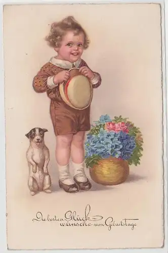 68153 Félicitations Ak enfant avec chien et bouquet de fleurs 1931