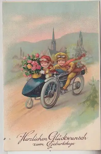 67917 Félicitations Ak enfants conduire avec moto Rasée vers 1910