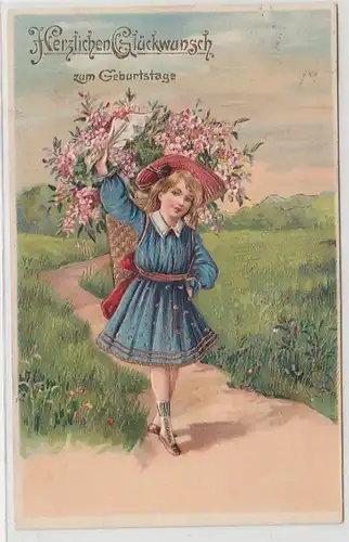 47025 Geburtstags Präge Ak Kind mit Korb voll Blumen 1907