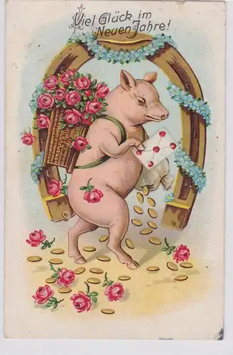 79243 Grage Nouvel An Ak Fers à cheval et cochon chanceux avec lettre 1908