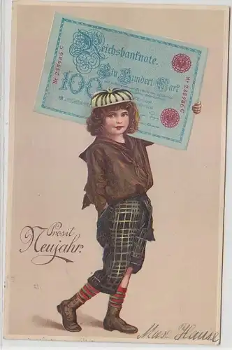 59033 Prosit Neujahr Präge Ak Junge trägt 100 Mark Reichsbanknote 1909