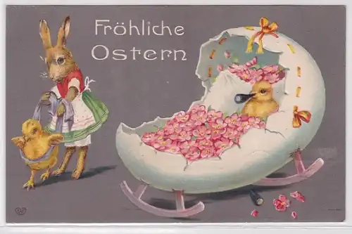 92317 Ak Fröhliche Ostern - Osterhase mit 2 Küken in Eierschalenbett 1909