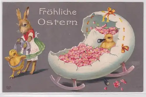 92317 Ak Joyeux Pâques - Lapin de PÂques avec 2 poussins en couette 1909