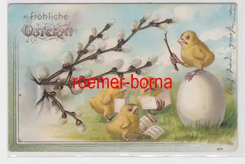 84636 geprägte Ak Fröhliche Ostern: Küken-Chor unter Weidenkätzchen 1906