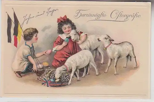 68353 Pâques Prêle Ak 2 enfants jouent avec 3 agneaux vers 1910