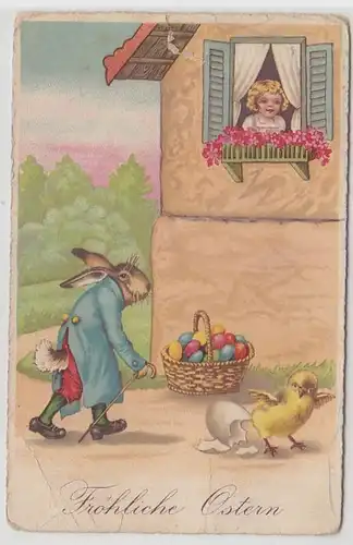 29607 Fröhliche Ostern Ak Kind schaut auf Hasen und Küken 1930