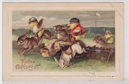 19309 Humor AK Frohes Osterfest, Hühner reiten Kaninchen bei einem Rennen 1913