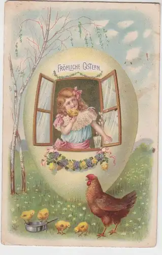 15915 Fröhliche Ostern Ak Kind wohnt in Osterei mit Küken und Huhn um 1910