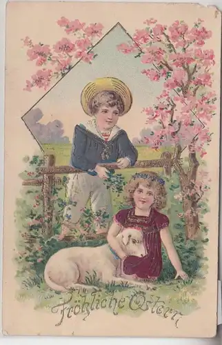 05791 Fröhliche Ostern Präge Ak 2 Kinder mit Lämmchen 1909