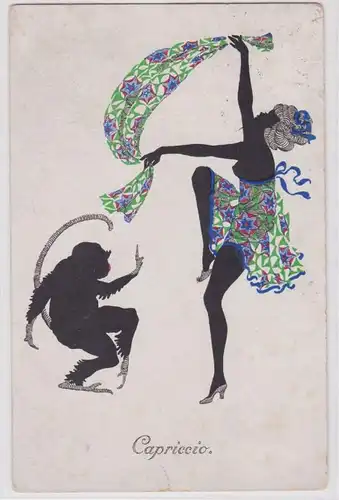 75335 érotique artiste Ak 'Capriccio' singe danse avec une femme à moitié nue 1920