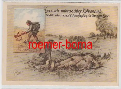 72760 'Jägerhilfe' Reklame Ak Karikatur Hinweis zur Vermeidung von Jagdunfällen