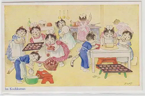 69609 Künstler Humor Ak Katzen kochen in Küche 'Im Kochkurs' um 1920