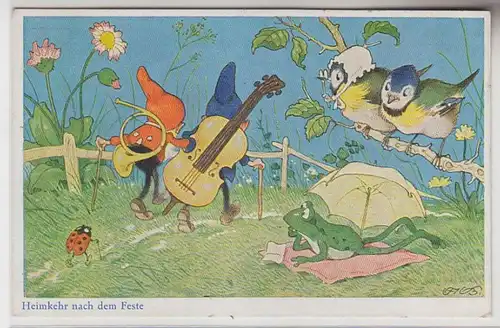 68779 Humour Ak 2 Nain avec des instruments "Retour après la fête" vers 1930