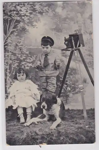 76265 Ak enfants frères et sœurs avec chien posent devant la caméra vers 1910