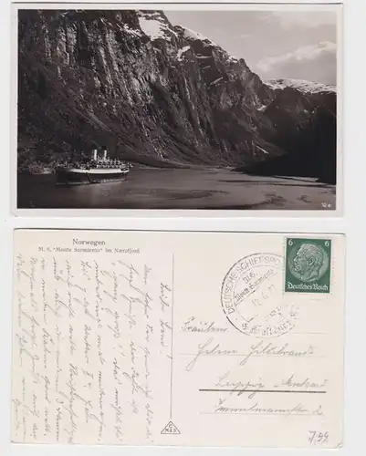 80564 AK Norwegen - M.S. 'Monte Sarmiento' im Næerofjord 1937 Schiffspoststempel