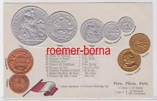 70076 Präge Ak mit Münzabbildungen Peru um 1920