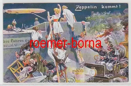 29494 Arthur Thiele Artiste Ak 'Zeppelin vient!' 1909