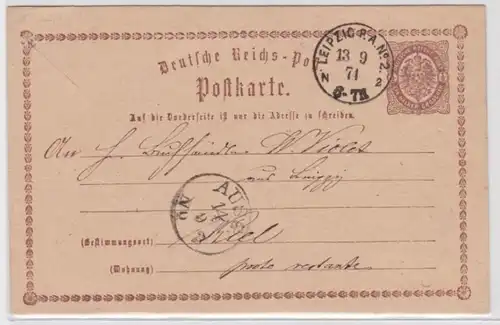 97079 DR Plein-cast Carte postale P1 Erreur de plaque Leipzig vers Kiel 1874