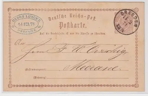 97074 DR Ganzsachen Postkarte P1 Plattenfehler Dresden nach Meerane 1874